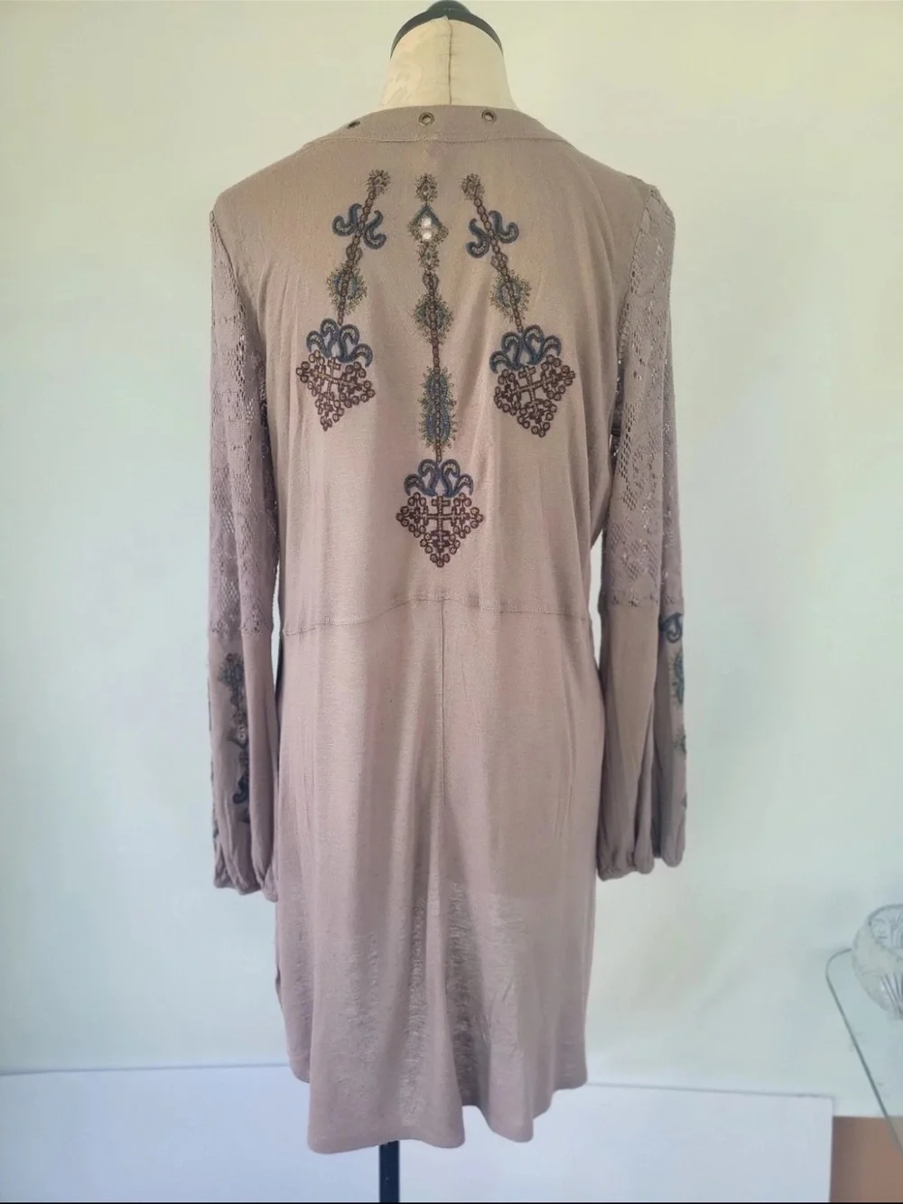 Free People Embroidered Taupe Long Sleeve Tunic L